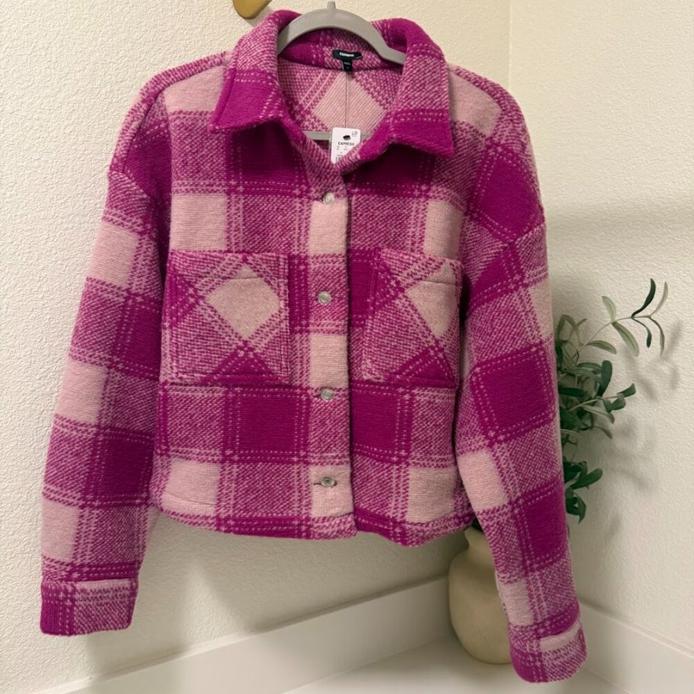 Express Pink Plaid Cropped Shacket – Size L NWT